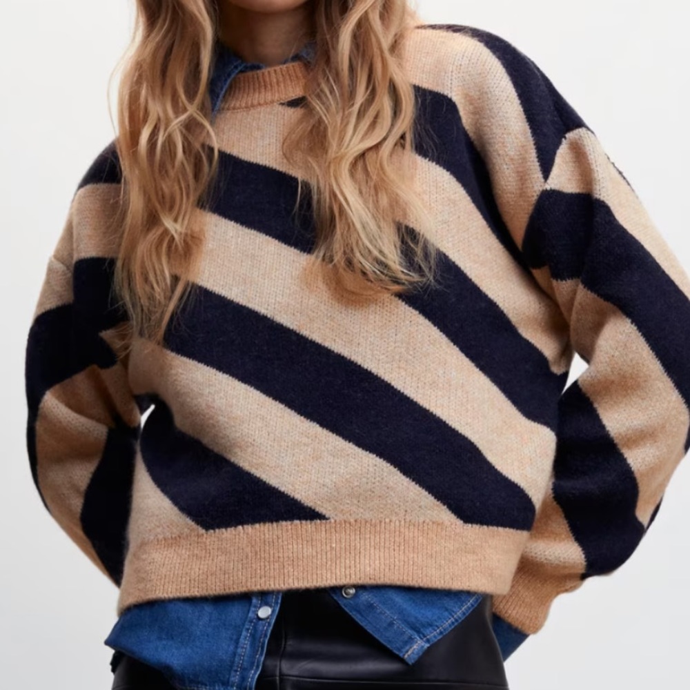 Mango Women's Tan & Black Diagonal Stripe Sweater | xxl